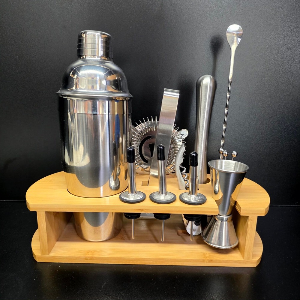 Pier 1 Cocktail Shaker Set Silver 12pc Stainless Steel Bamboo Stand Bar Tools